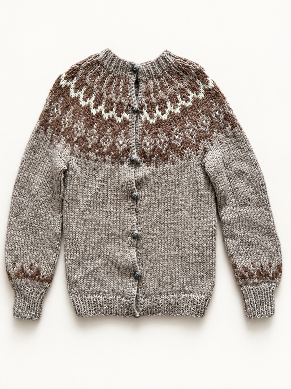 Wool Nordic Fair Isle Cardigan Sweater S Beige Brown Chunky Knit Button